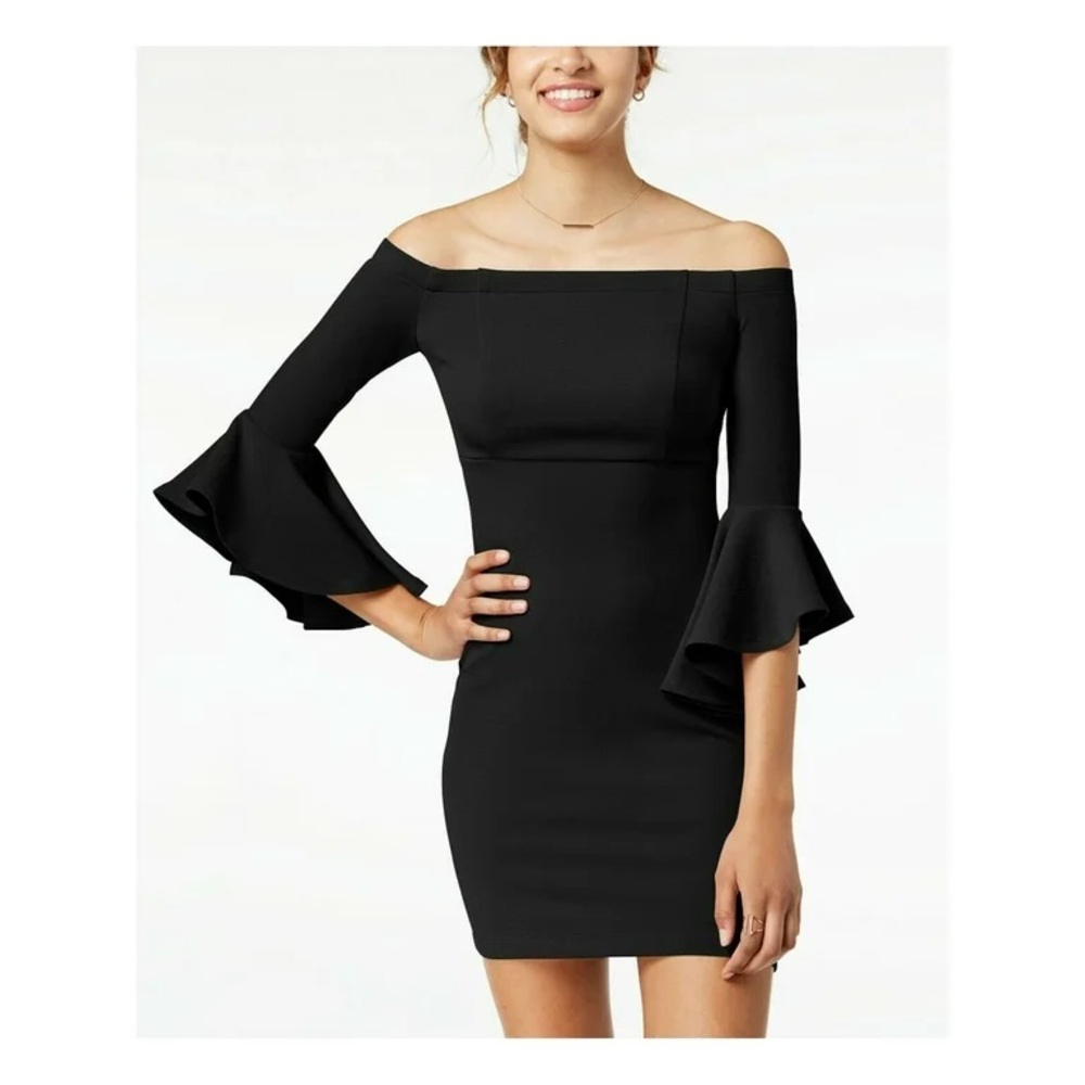 Black bodycon off the shoulder dress with bell sleeves size 0